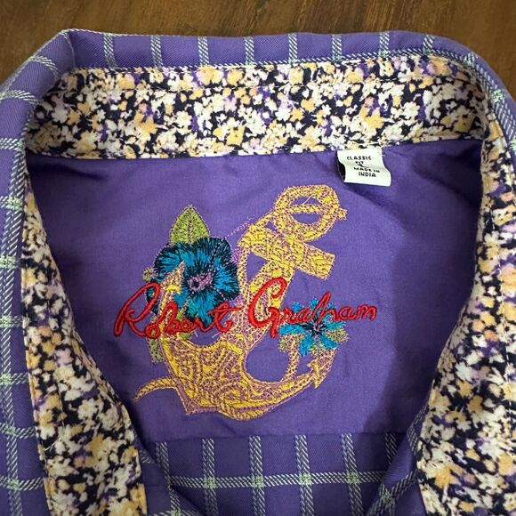 ROBERT GRAHAM Check Shirt Purple Classic Fit Flip Cuff Long Sleeve Cotton - Picture 8 of 13
